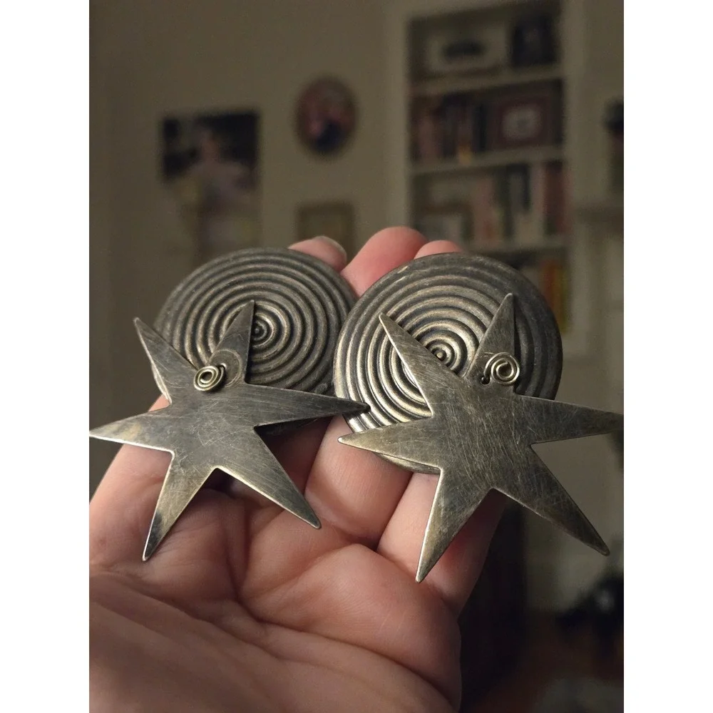 Artisan Silvertone Star Abstract Modern Brutalist Earrings Vintage Statement